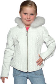 KF5011BJ Girls White Leather Pattern Jacket with Fur Trim Hood