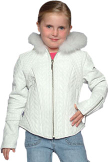 KF5011BJ Girls White Leather Pattern Jacket with Fur Trim Hood