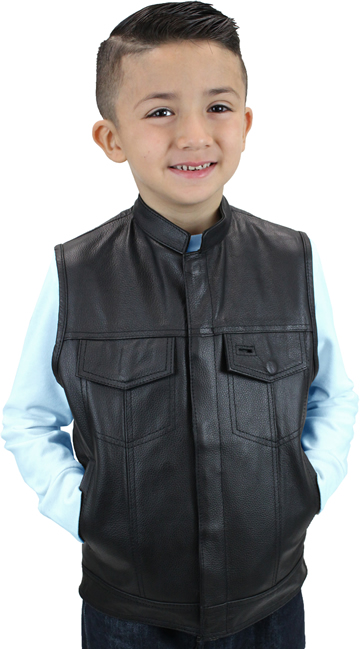 KV320 Kids Leather Motorcycle Club Leather Vest with Short Collar