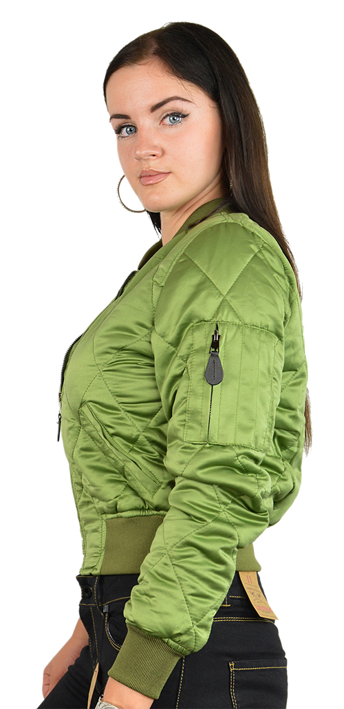 Ladies MA1Q Blue Nylon Military Pilot Specs Quilted Bomber Jacket Side View