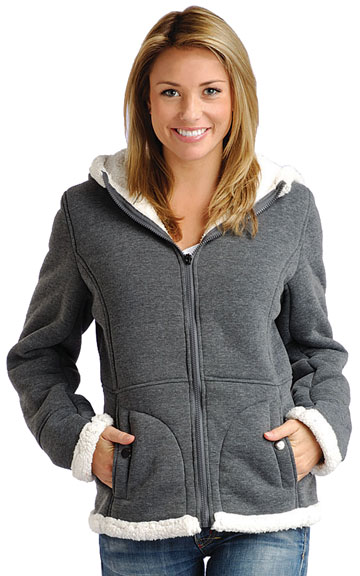 F1269 Ladies Charcoal Poly Fleece Hood Jacket with Baby Sherpa Fur