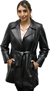 71 Ladies Lambskin Leather Wrap Coat with Half Belt Made in the USA Belt Tied View