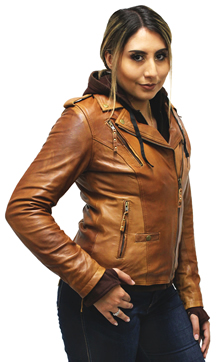 LB6841 Ladies Tan Lambskin Jacket with Removable Brown Hoodie