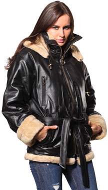 A607 Black Ladies Leather Coat with Beige Fur and Removable Zipper Hood