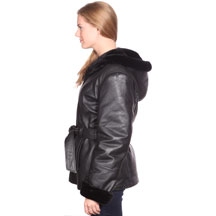A607 Black Ladies Leather Coat with Black Fur and Removable Zipper Hood