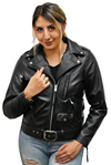 Ladies Davis Classic Motorcycle Jacket with Crossover Collar and Half Belt Made in the USA  Front View