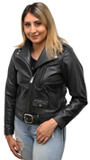 Ladies Davis Classic Motorcycle Jacket with Crossover Collar and Half Belt Made in the USA Front View2