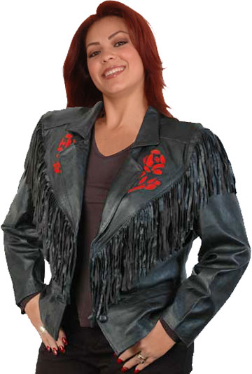 Janice Ladies Fringe Lambskin Jacket with Red Rose and Buttons