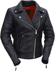 LC103 Ladies Classic Motorcycle Leather Jacket with Crossover Collar and Princess Panel Leather Braid Trim Large