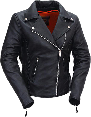 LC103 Ladies Classic Motorcycle Leather Jacket with Crossover Collar and Princess Panel Leather Braid Trim Large View
