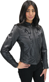 LC6555 Women's Motorcycle Leather Jacket with Removable Purple Hoodie, Purple Accesnts  Inside View