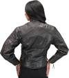 LC2000 Women's Motorcycle Brown Leather Jacket with Short Sport Snap Collar and Zipper Vents Back View
