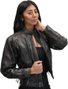 LC2000 Women's Motorcycle Brown Leather Jacket with Short Sport Snap Collar and Zipper Vents Open View