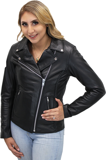 LC2710 Ladies Motorcycle Jacket with Braid Trim and Silver Hardware Click Here for Large View