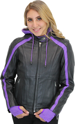 LC6555 Women's Motorcycle Leather Jacket with Removable Purple Hoodie, Purple Accesnts and Tribal Heart on Back