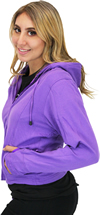 LC6555 Women's Motorcycle Leather Jacket with Removable Purple Hoodie, Purple Accesnts Hood Side View