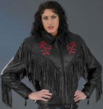 Ladies Red Rose Leather Biker Jacket with Fringe