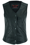LV204 Ladies Long Body Leather Vest with Snaps and Plain Sides Front View