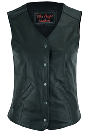 LV204 Ladies Long Body Leather Vest with Snaps and Plain Sides