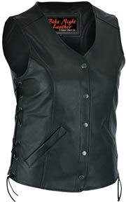 LV206 Ladies Long Body Leather Vest with Side Adjusting Laces