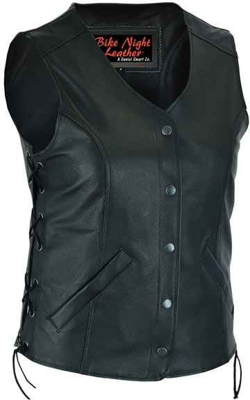 LV294 Ladies Leather Vest with Snaps and Side Adjusting Laces Large View