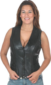 LV2674 Ladies Long Leather Vest with Braid