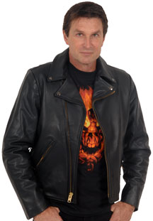 The 102X Crossover Biker Leather Jacket opens to catch the wind or closes to the neck