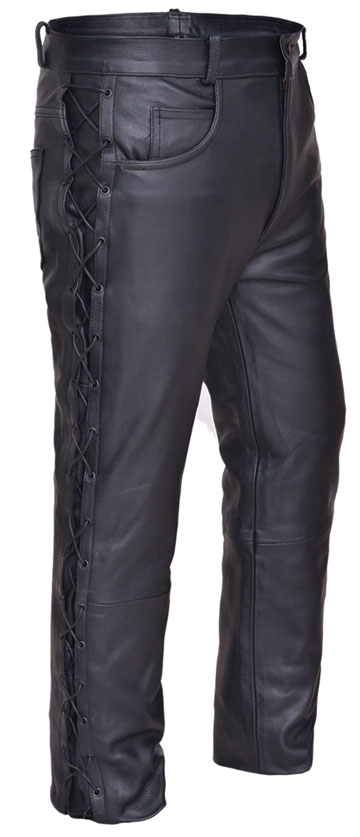 P751 Mens Leather Jean Style Pants with Adjustable Side Laces