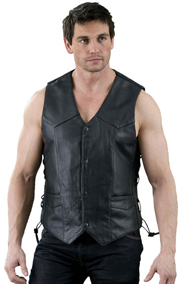 V101 Mens Leather Motorcycle Basic Vest with Side Adjusting Laces Large View