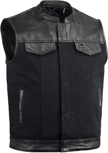 V4951CV-Collar Mens Heavy Canvas and Premium Leather Trim Motorcycle Club Zipper Vest with Short Mandarin Collar