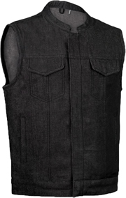 VDM691 Mens Black Denim Motorcycle Club Zipper Vest with Collar Collar