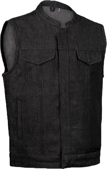VDM691 Mens Black Denim Motorcycle Club Zipper Vest With Collar Larger View