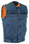 VDM981 Men’s Blue Denim Club Vest with Hidden Snaps and Zipper Front View