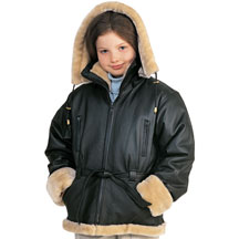 K103 Girls Leather Coat with Beige Fur and Hood