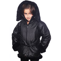 K103 Girls Leather Coat with Black Fur and Hood