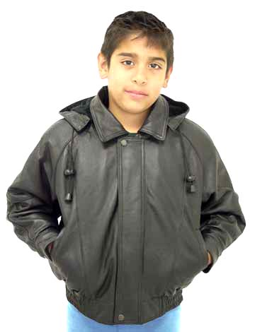 K15 Kids Leather Bomber Jacket with Removable Hood