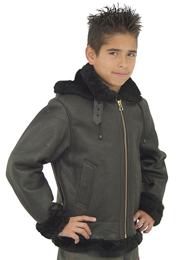 Kids B3 Black Fur Bomber Shearling Jacket with Removable Hood