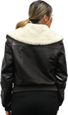 Ladies Aviator Leather Aviation Bomber Jacket with Real Sheep Shearling Fur Collar Made in the USA Back View