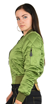 Ladies MA1Q Green Nylon Military Pilot Specs Quilted Bomber Jacket Side View