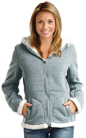 F1269 Ladies Gray Poly Fleece Hood Jacket with Baby Sherpa Fur