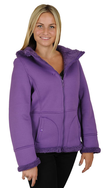 F1269 Ladies Purple Poly Fleece Hood Jacket with Baby Sherpa Fur