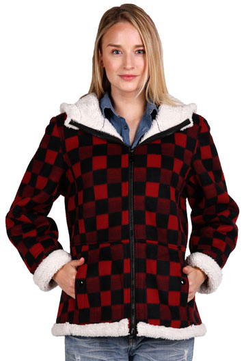 F6269 Ladies Red Checker Poly Fleece Hood Jacket with Baby Sherpa Fur