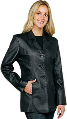 W41P Ladies Black Leather Blazer with Buttons Plus Sizes