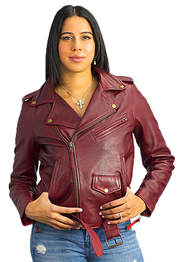 LC1082 Blood Red Cowhide Ladies Vintage Traditional Motorcycle Jacket with Half Belt