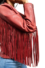 LC1503 Ladies Western Style Blood Red Cowhide Jacket with Fringe Trim Close View