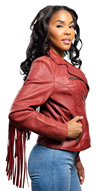 LC1503 Ladies Western Style Blood Red Cowhide Jacket with Fringe Trim Side View