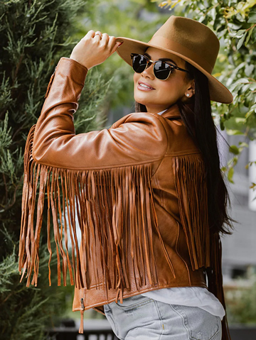 LC1503 Ladies Western Style Whiskey Cowhide Jacket with Fringe Trim Large View