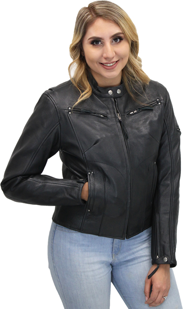 LC157 Motorcycle Ladies Sport Collar Leather Jacket with Vents Large View