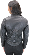 LC6555 Women's Motorcycle Leather Jacket with Removable Purple Hoodie, Purple Accesnts  Back View