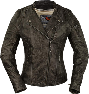LC193 Ladies Distress Leather Motorcycle Jacket with Crossover Collar and Utility Zipper Pocket on Left Sleeve Large View